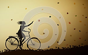 Autumn come, girl riding on the bicycle and autumn leaves falling, vector