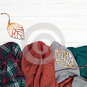 Autumn comfort clothes for woman, different scarf with decorative leaves