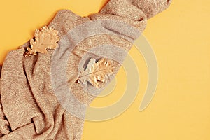 Autumn comfortable knitted clothes and decorative painted golden color leaves. Trendy warm scarf for woman