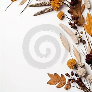 Autumn composition around white frame made of autumn leaves, acorn, pine cones, flower.