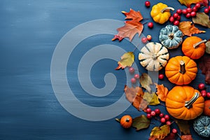 Autumn composition with assortment of orange mini pumpkins, rich red berries, and graceful wedge leaves on a serene bluetextured