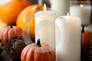 Autumn composition with candles, autumn plants and pumpkins. Fall abstract backdrop