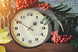 Autumn composition with a clock, cluster of mountain ash and yellow leaves against the clock