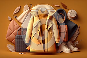 Autumn composition with coat, bag, shoes and leaves on orange background