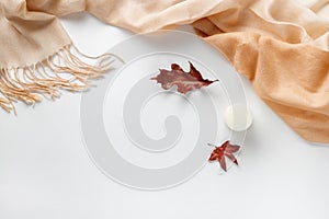 Autumn composition. Cup of coffee and dried leaves on a white background. Autumnal, flat lounger, top view. Copy space