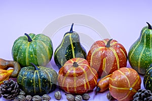 Autumn composition. Dried leaves, pumpkins, flowers, rowan berries on light purple background. Autumn, fall, halloween,