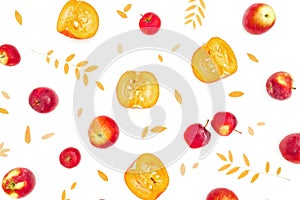 Autumn composition with fall leaves, apple and pumpkin slice on white background. Thanksgiving day. Flat lay, top view