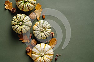 Autumn composition. Flat lay pumpkins, dry oak leaves, nuts, acorns on vintage green background. Thanksgiving day greeting card