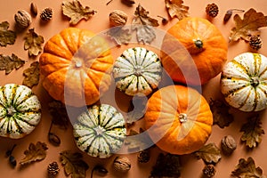Autumn composition. Flat lay pumpkins, fallen oak leaves, nuts on vintage orange background. Thanksgiving day greeting card