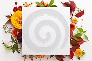 Autumn composition with flowers, leaves and berries on white background. Flat lay, copy space