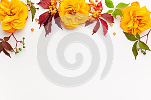 Autumn composition with flowers, leaves and berries on white background. Flat lay, copy space