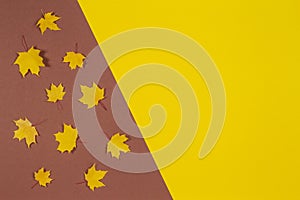 Autumn composition. Frame made of autumn maple leaves on brown and yellow background