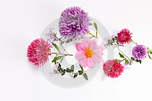 Autumn composition. Frame made of autumn dried flowers and leaves on white background. Flat lay, top view, copy space