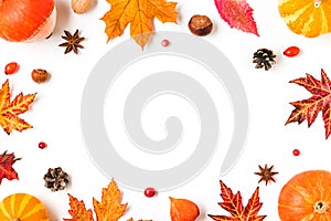 Autumn composition. Frame made of fall leaves, pumpkins, flowers, berries, nuts isolated on white background