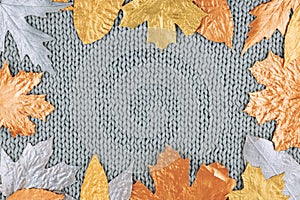 Autumn composition with golden leaves frame on knitted gray background. Fall mockup with gold maple leaves. Flat lay, top view,