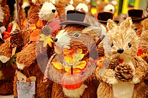 autumn composition of homemade toys. Rabbit.Teddy