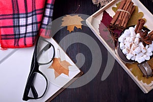 Autumn composition with hot chocolate, cinnamon, plaid, glasses, book and maple leaves