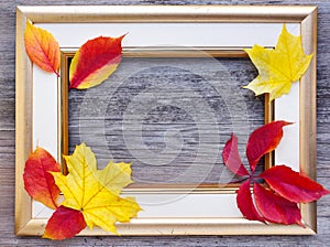 Autumn composition. A light picture frame with fall leaves on old wooden background.