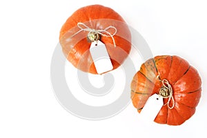 Autumn composition. Orange Hokkaido pumpkins with gift, price tags isolated on white table background. Fall, Halloween