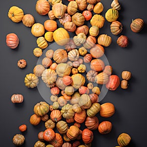 Autumn composition of orange pumpkins on gray table background.