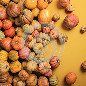 Autumn composition of orange pumpkins on white table background.