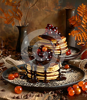 autumn composition of pancakes with chocolate sauce and red currant