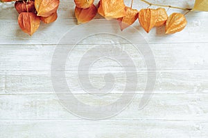 Autumn composition.Physalis border on wooden background. Flat lay