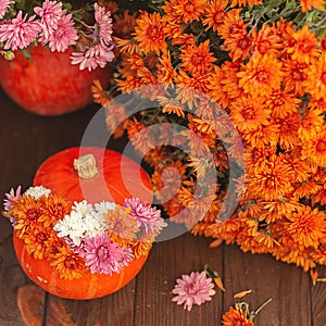 Autumn composition of pumpkins and flowers on a brown background. Blur, selective focus. autumn card , copy space