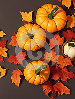 Autumn composition with pumpkins and leaves on dark background. Flat lay, top view