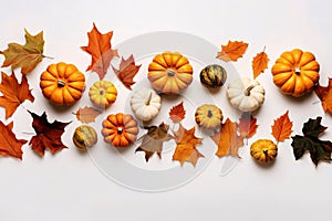 Autumn composition. Pumpkins, leaves on white background. Flat lay, top view, copy space