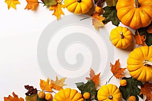 Autumn composition with pumpkins and leaves on white background, top view