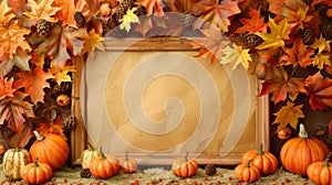 Autumn composition with pumpkins and maple leaves around a blank board. Fall harvest decor with space for text. Concept