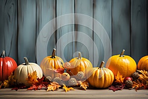 Autumn composition of pumpkins and maple leaves on wooden background. Generative AI