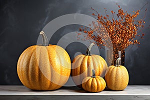 Autumn composition of pumpkins with red berries on gray concrete background. Generative AI