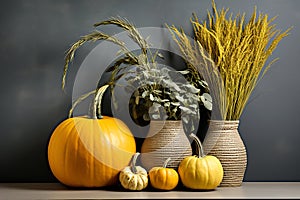 Autumn composition of pumpkins and spikelets in vases on gray concrete background. Generative AI