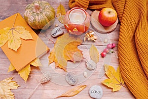 Autumn composition on rustic wooden table in garden with pumpkin, fallen yellow, orange leaves and berries, concept happy