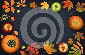 Autumn composition. Seasonal fruits and vegetables with fall leaves. Autumn background with pumpkins and apples on dark background