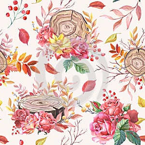 Autumn composition with tree rings red,yellow,pink rose.Watercolor illustration of wood slide,