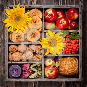 Autumn composition in wooden box.