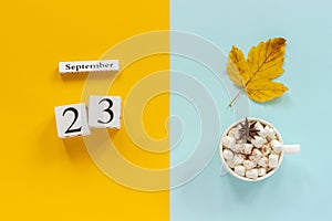 Autumn composition. Wooden calendar September 23, cup of cocoa with marshmallows and yellow autumn leaves on yellow blue