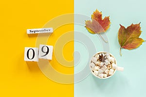 Autumn composition. Wooden calendar September 9, cup of cocoa with marshmallows and yellow autumn leaves on yellow blue