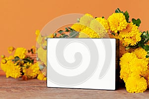 Autumn composition with Yellow chrysanthemums flowers and empty blank lightbox on orange background