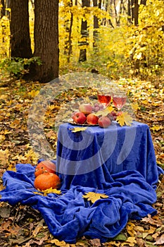 Autumn concept with fruit and drink on yellow leaves background