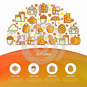 Autumn concept in half circle with thin line icons: maple, mushrooms, oak leaves, apple, pumpkin, umbrella, rain, candles, rubber