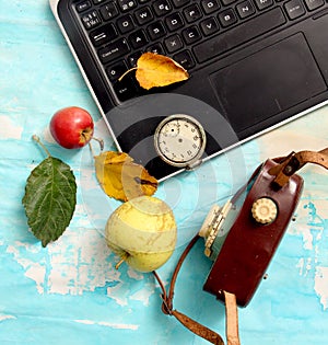 autumn concept, ripe apples, laptop,leaves on blue paint wood surface,top view