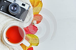 Autumn concept with scarf and camera on a wooden background with a copy of space