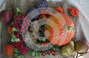 Autumn concept with seasonal fruits and vegetables. Pumpkin, figs, autumn leaves. Thanksgiving Day. Halloween