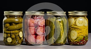 Autumn Conservations, preserved fall vegetables in jars on a table.