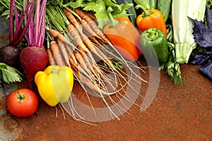 Autumn cooking background with seasonal organic vegetables, top view, copy space. Ingredients