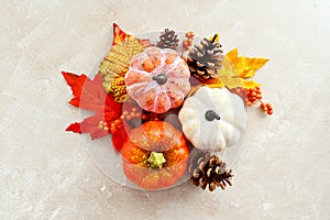 Autumn copmosition with colorful leaves, pine cones and pumpkins on bright background, copy space